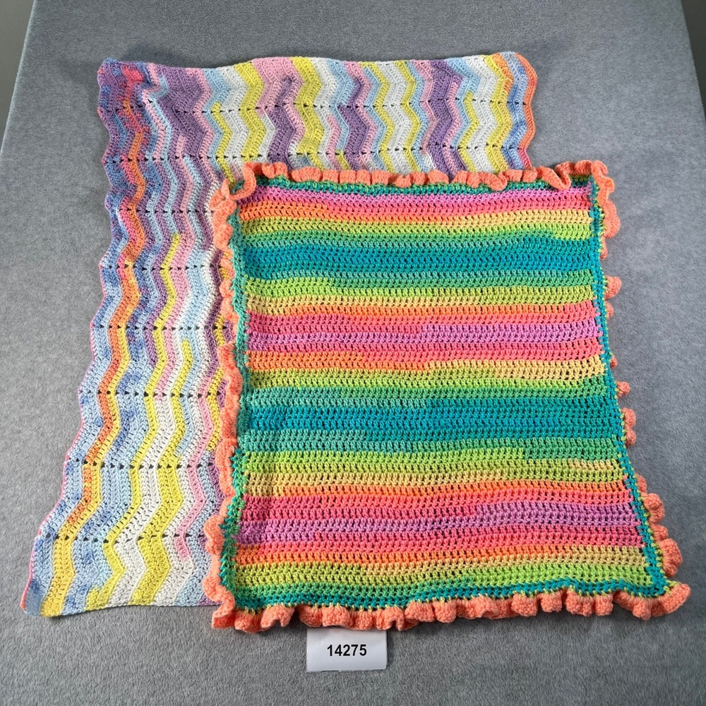 Handmade Crochet Baby Blanket Multi Chevron Striped Ruffled Soft Cozy Lot Of 2
